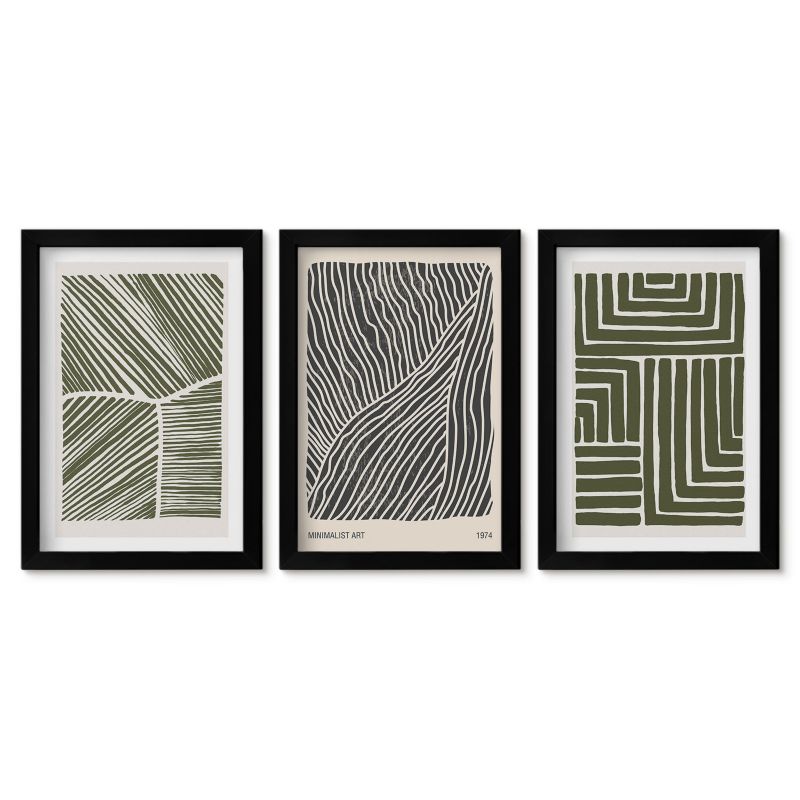 Zestaw 3 obrazów w czarnej ramie Tulup 20x30 cm Wzory linii kształty zieleń Stylowa galeria nad biurko 1 kpl