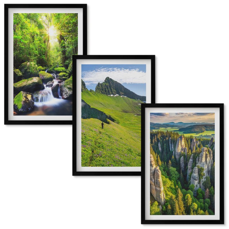 Zestaw obrazów Wallfluent Zielone góry wodospad las Czarna rama 40x60 cm 3 szt.