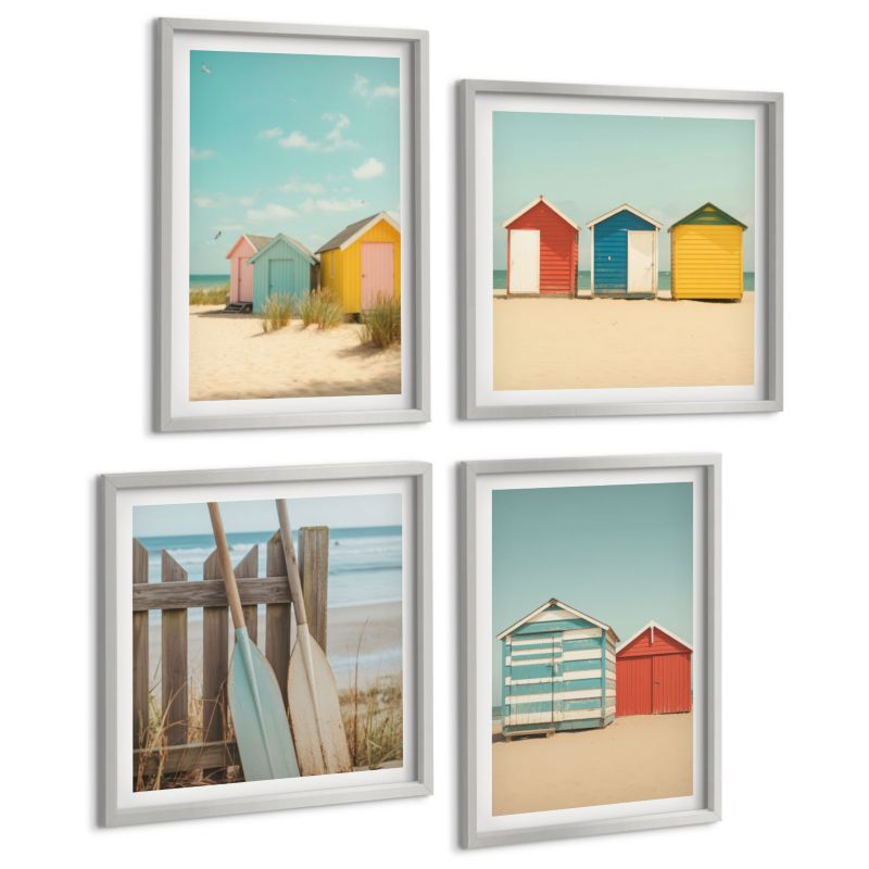 Zestaw Obrazów 4 Częściowy ArtPrintCave (2x50x50+2x40x60cm) Srebrna rama Kolorowe domki plaża słońce 1 kpl.