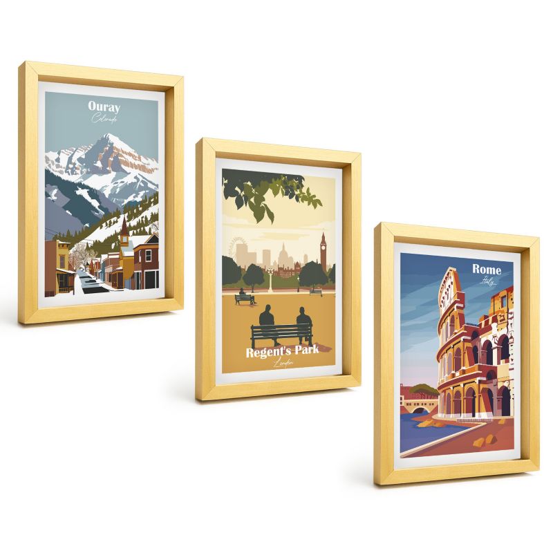Galeria 3 Obrazów w Złotej Ramie ArtPrintCave 20x30 cm Komplet ścienny Góry Ouray Londyn Koloseum 1 kpl.