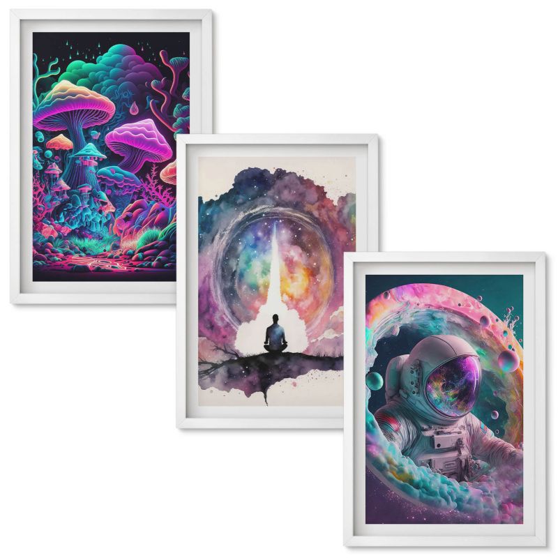 Set Obrazów w Ramie Wallfluent Kolorowe ilustracje fantasy sztuka Biała rama 40x60 cm 3 szt.