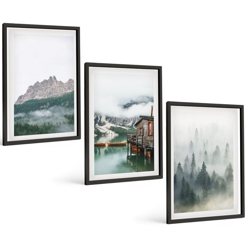 Trzyczęściowy Zestaw Obrazów ArtPrintCave 40x60 cm Czarna rama Góry jezioro chata mgła 1 kpl.