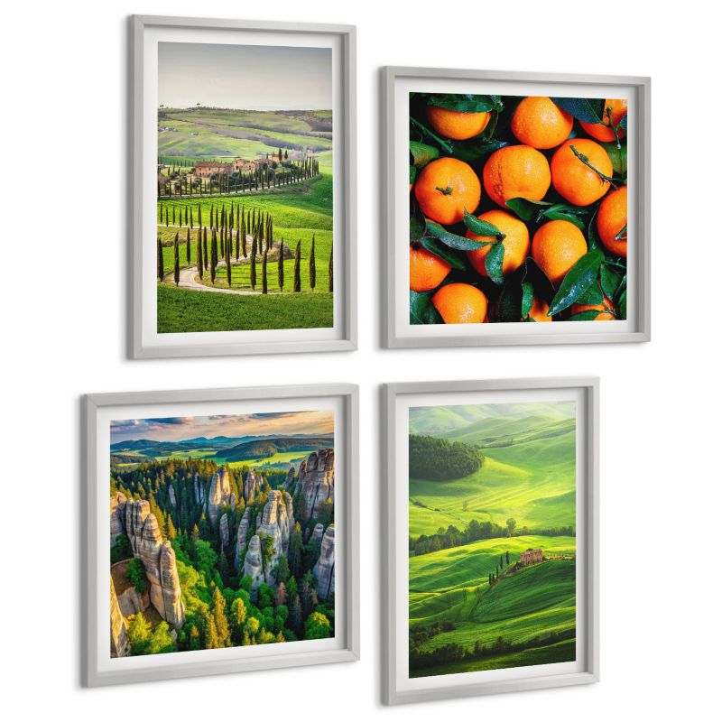 Czteroczęściowy Zestaw Obrazów ArtPrintCave (2x50x50+2x40x60cm) Srebrna rama Włoska wieś pomarańcze natura 1 kpl.