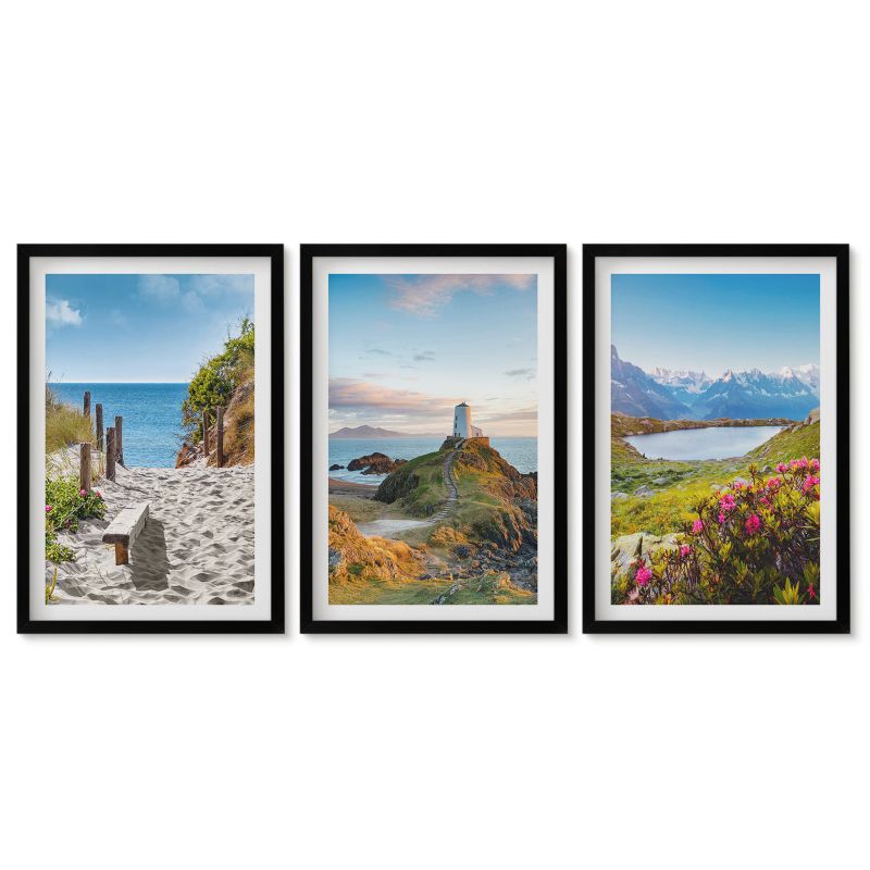 Tryptyk w czarnej ramie Tulup 40x60 cm Plaża latarnia góry kwiaty Obrazy nad biurko zestaw czarna rama 1 kpl