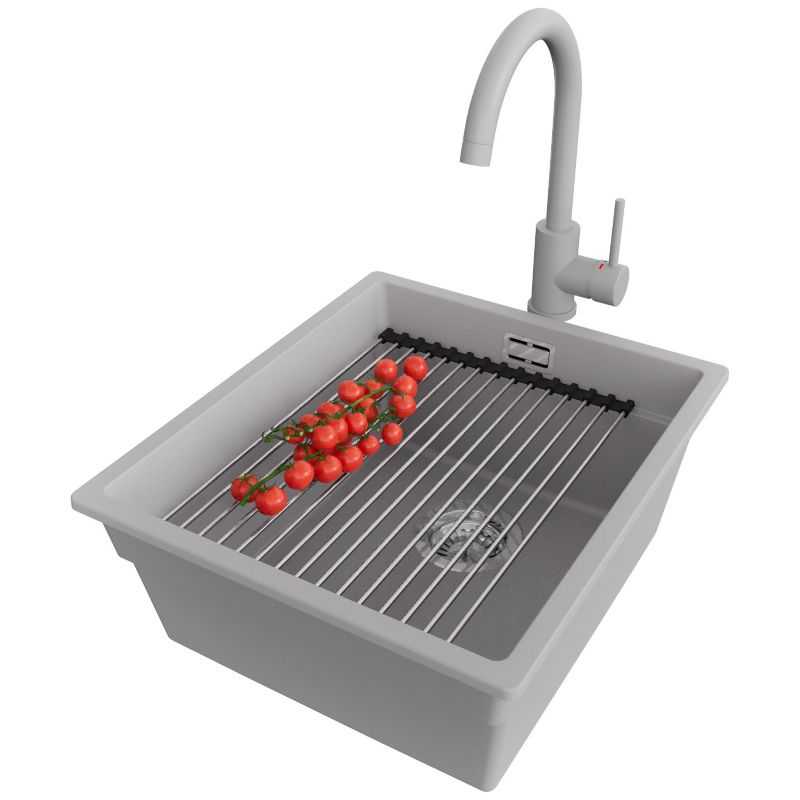 Zlewozmywak Granitowy Praga Level Slim PRIMAGRAN Nablatowy 41x47cm, Szary + Bateria + Syfon + Akcesorium, S130, 1 szt.