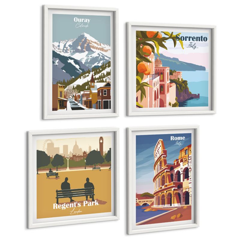 Zestaw 4 Obrazów ArtPrintCave (2x50x50+2x40x60cm) Biała rama Retro ilustracje znanych miejsc 1 kpl.