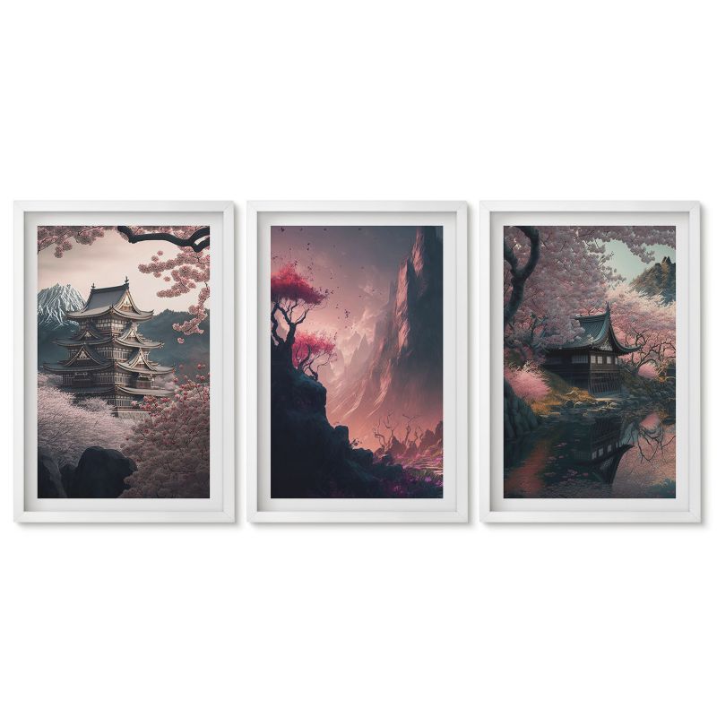 Zestaw 3 obrazów w białej ramie Tulup 40x60 cm Krajobrazy fantasy Japonii gór Obrazy nad biurko zestaw biała rama 1 kpl