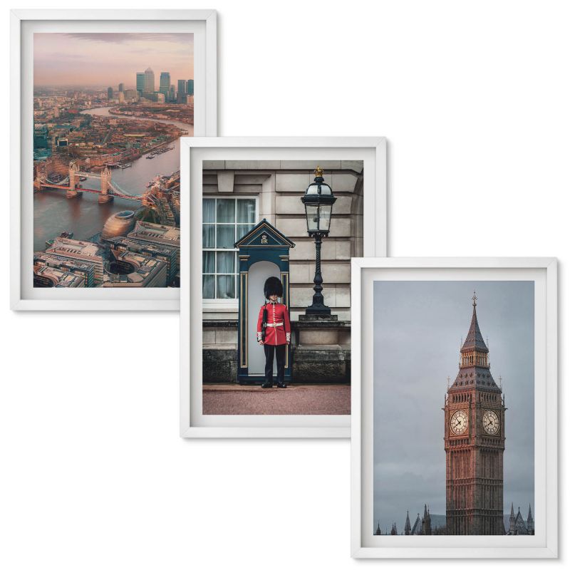 Zestaw obrazów Wallfluent Londyn most strażnik Big Ben Biała rama 40x60 cm 3 szt.