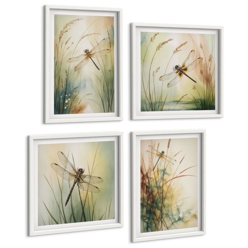 Komplet 4 Obrazów ArtPrintCave (2x50x50+2x40x60cm) Biała rama Trawy ważki nad wodą 1 kpl.