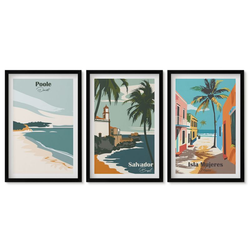 Zestaw 3 obrazów w czarnych ramach Tulup 40x60 cm Tropikalne plaże i palmy Galeria ścienna 1 kpl