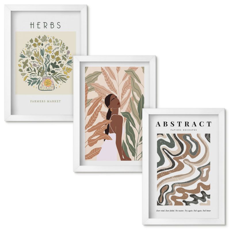 Zestaw obrazów Wallfluent Boho pastelowe postery minimalistyczne Biała rama 20x30cm 3 szt.