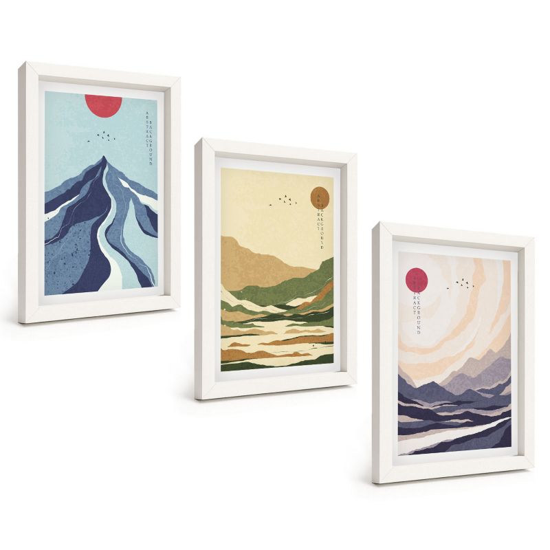 Komplet 3 Obrazów w Białej Ramie ArtPrintCave 20x30 cm Grafika Ścienna Góry pastelowe styl japandi 1 kpl.