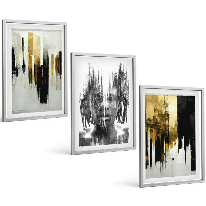Trzyczęściowy Zestaw Obrazów ArtPrintCave 40x60 cm Srebrna rama Kontrastowe abstrakcje portretu 1 kpl.