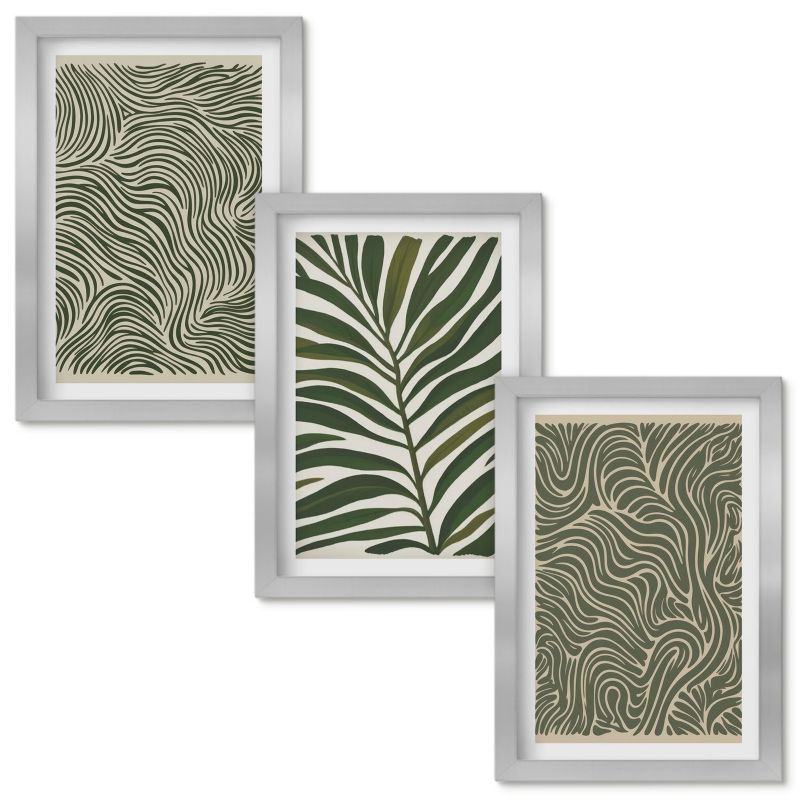 Obrazy Do Sypialni Wallfluent Wzory liści faliste kształty Srebrna rama 20x30cm 3 szt.