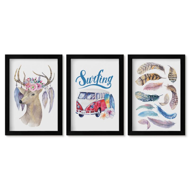 Seria obrazów 3 sztuki Tulup 20x30 cm Rogaty jeleń kwiaty furgonetka Obrazy w czarnej ramie 1 kpl