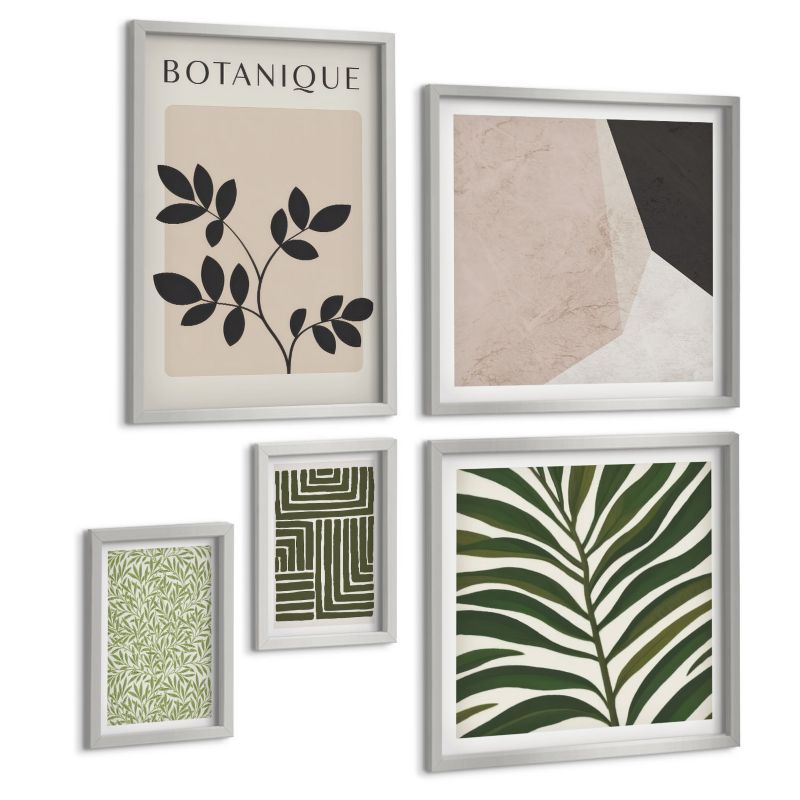 Zestaw 5 Obrazów ArtPrintCave (2x50x50+2x20x30+40x60cm) Srebrna rama Botaniczne kompozycje boho 1 kpl.