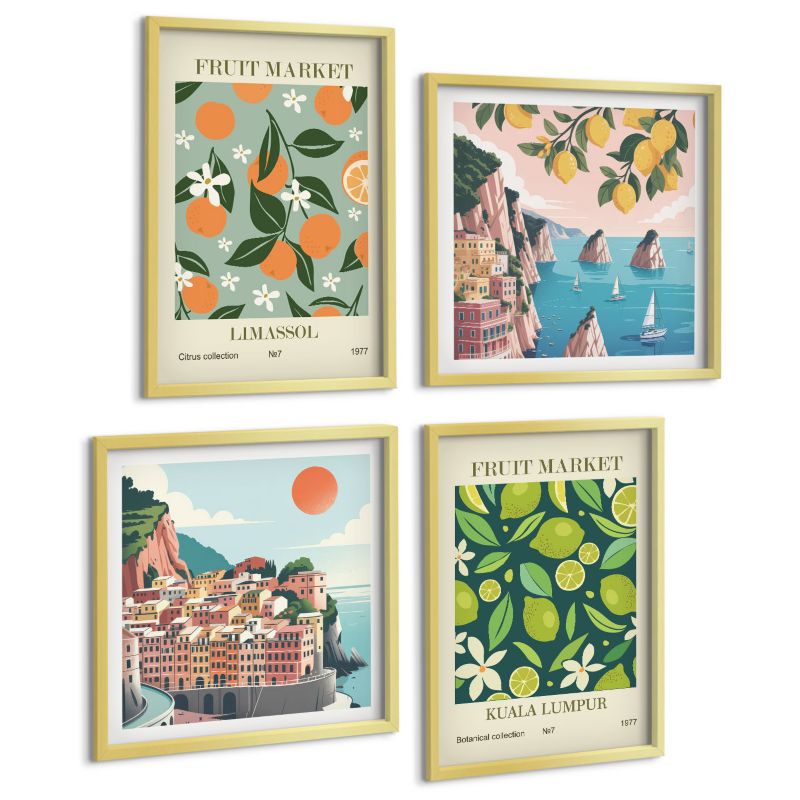 Czteroczęściowy Zestaw Obrazów ArtPrintCave (2x50x50+2x40x60cm) Złota rama Owocowe wzory vintage postery 1 kpl.