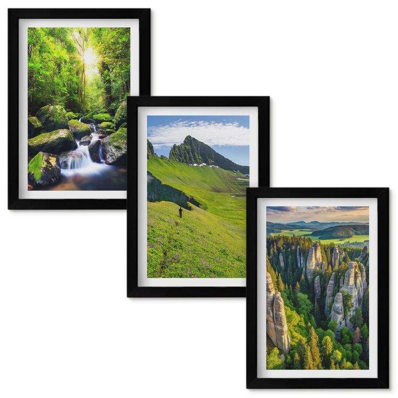 Zestaw obrazów Wallfluent Zielone góry wodospad las Czarna rama 20x30cm 3 szt.
