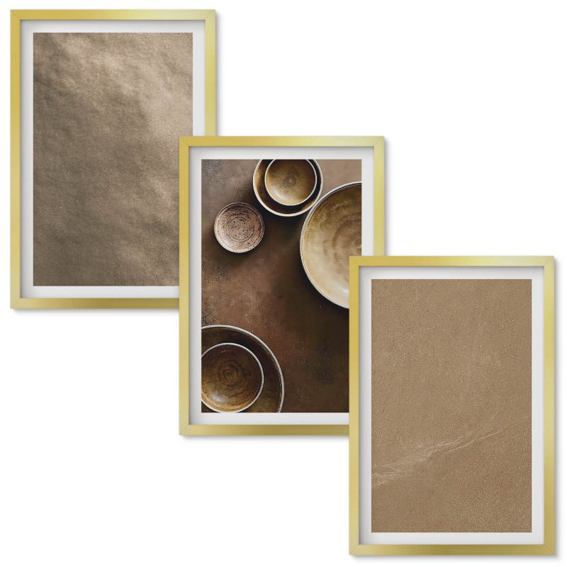 Zestaw obrazów Wallfluent Kamienne struktury minimalistyczne Złota rama 40x60 cm 3 szt.