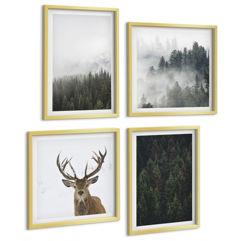 Zestaw Obrazów 4 Częściowy ArtPrintCave (2x50x50+2x40x60cm) Złota rama Zielone lasy mglisty krajobraz 1 kpl.
