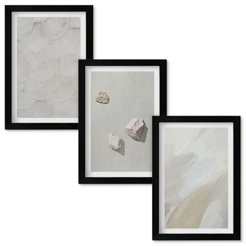 Obraz Ścienny Zestaw Wallfluent Piasek kamienie nowoczesna farba Czarna rama 20x30cm 3 szt.