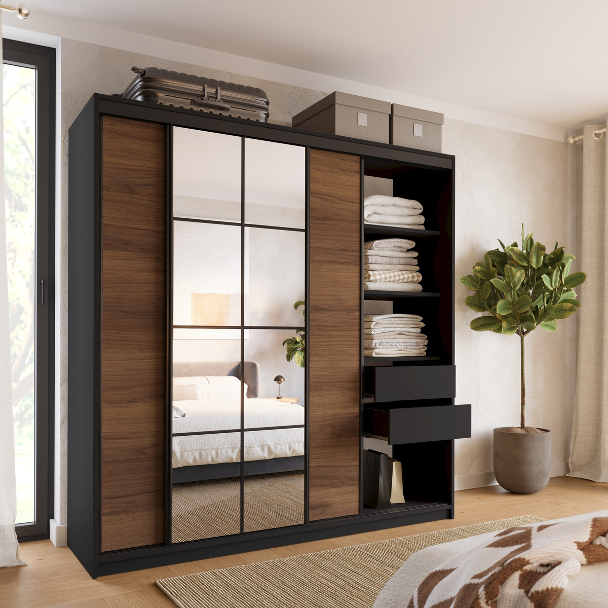 Szafa przesuwna z lustrem 200 cm do sypialni EDGE orzech