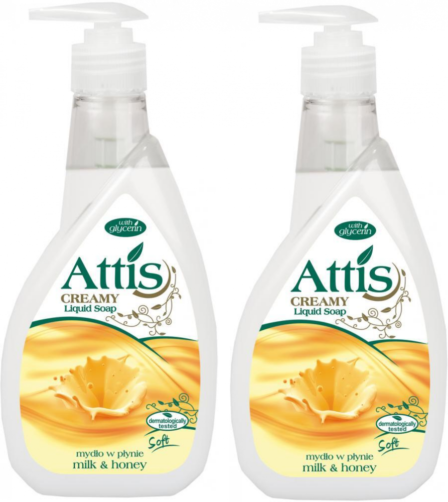 2x Mydło w płynie Attis Gold Drop, mleko & miód,z dozownikiem, 400ml