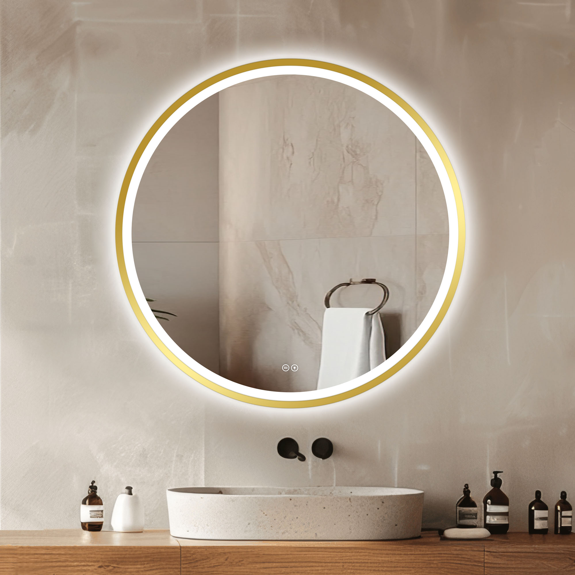 Venti Orion Gold lustro 80 cm okrągłe z oświetleniem z matą grzewczą złoty