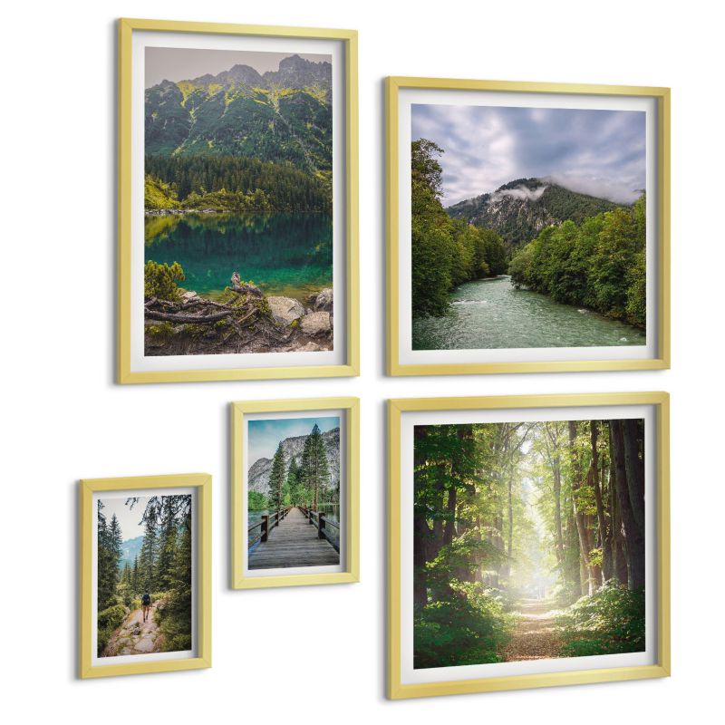 Zestaw Obrazów 5 Częściowy ArtPrintCave (2x50x50+2x20x30+40x60cm) Złota rama Droga las góry jeleń natura 1 kpl.