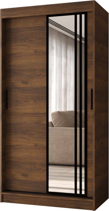 Szafa przesuwna z lustrem Garderoba GLOSSY 100 orzech warmia + u. czarny 1 szt.