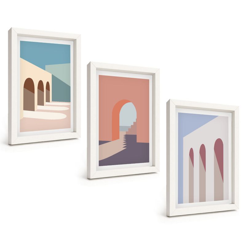 Zestaw 3 Obrazów w Białej Ramie ArtPrintCave 20x30 cm Galeria Ścienna Pastelowe grafiki architektury 1 kpl.