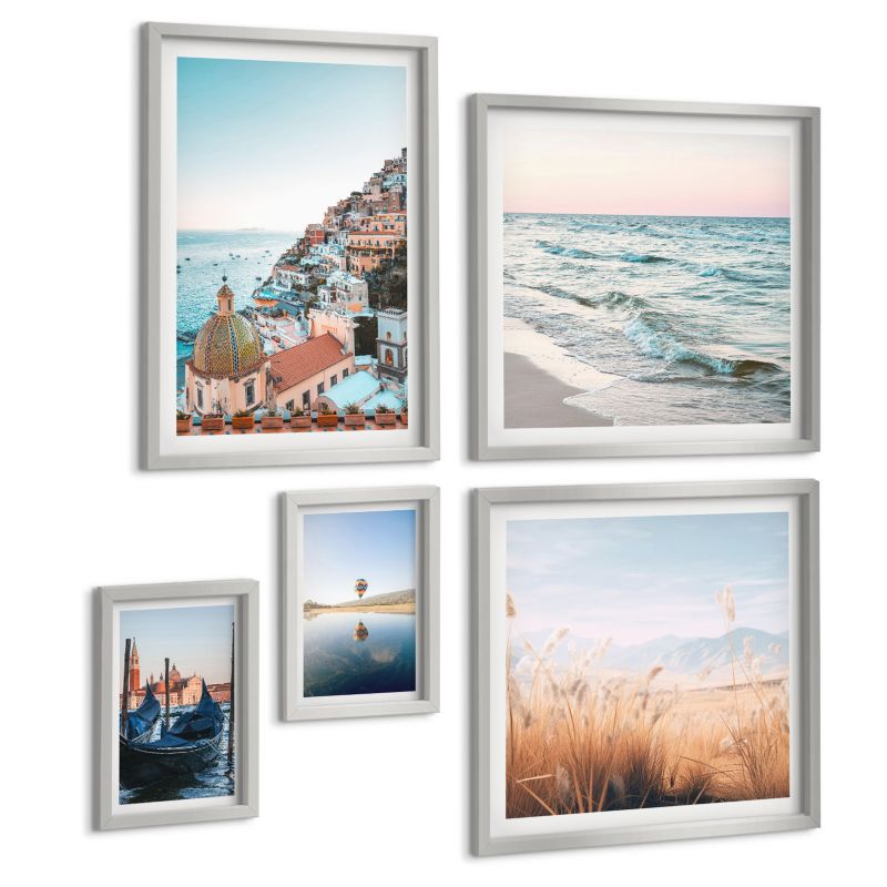 Zestaw 5 Obrazów ArtPrintCave (2x50x50+2x20x30+40x60cm) Srebrna rama Ptaki w locie niebo księżyc 1 kpl.