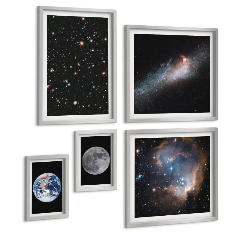 Pięcioczęściowy Zestaw Obrazów ArtPrintCave (2x50x50+2x20x30+40x60cm) Srebrna rama Kosmos galaktyki Księżyc 1 kpl.