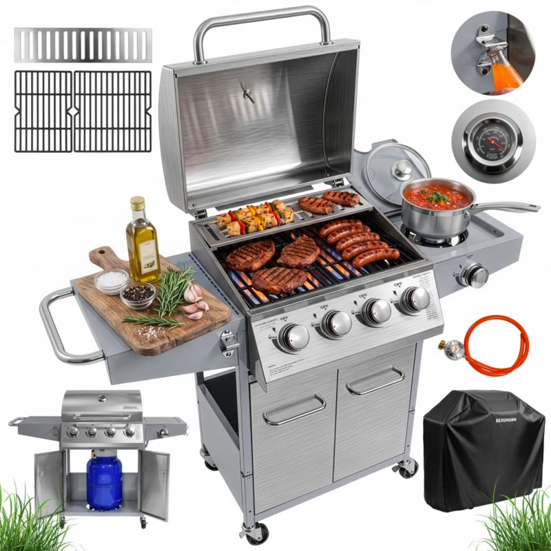 Grill gazowy BERGMANN NL004 4+1 palniki stal nierdzewna żeliwny ruszt stolik boczny + pokrowiec 1szt.