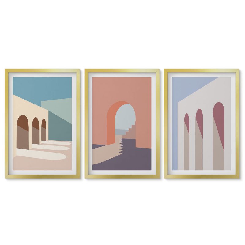 Zestaw 3 obrazów w złotych ramach Tulup 40x60 cm Grafiki architektury Obrazy nad biurko zestaw złota rama 1 kpl