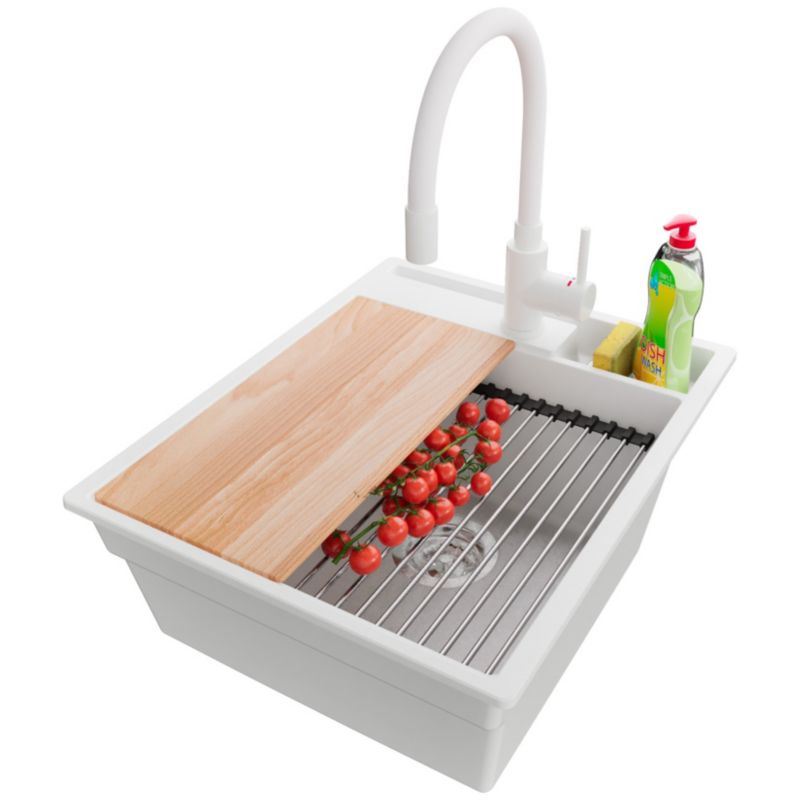 Zlewozmywak Granitowy Oslo Pocket PRIMAGRAN Nablatowy 43x53cm do Szafki od 45cm, Biały + Bateria 38x14cm + Syfon, S110, 1 szt.