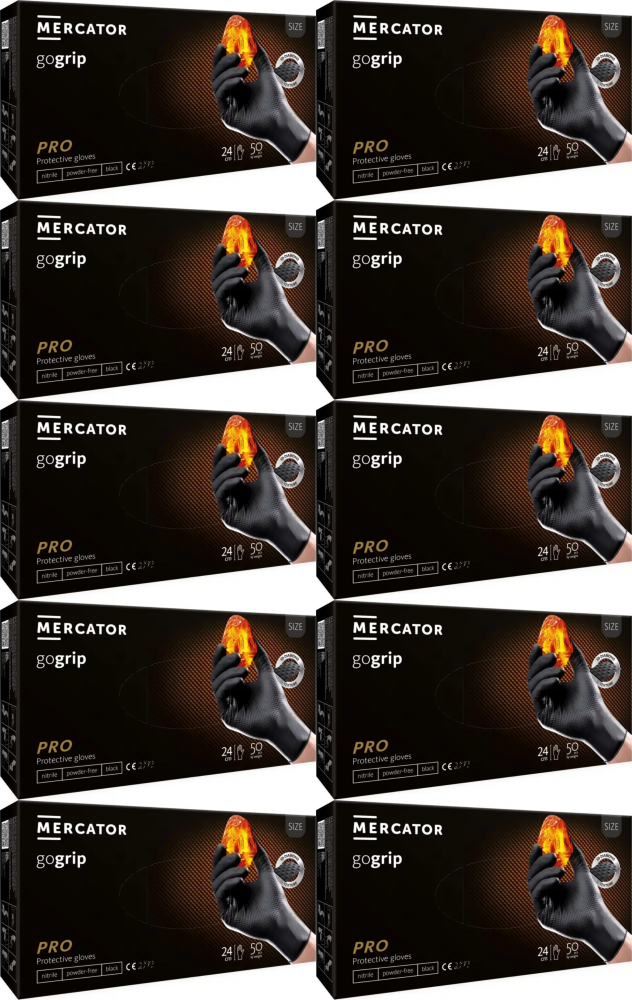 10x Rękawiczki nitrylowe Mercator Medical GoGrip, bezpudrowe, rozmiar XL, 50 sztuk, czarny