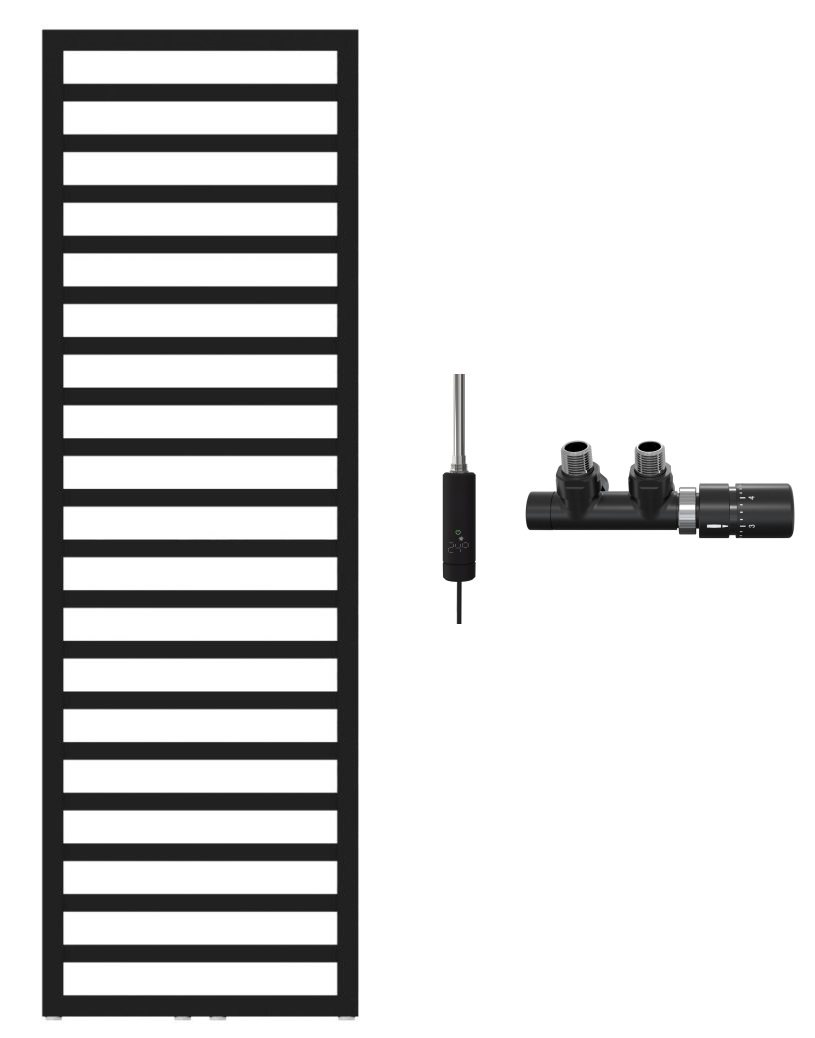 Zestaw Zehnder Quaro grzejnik łazienkowy drabinkowy 140x45 cm czarny z grzałką elektryczną 300 W i zestawem zaworowym prawym z ...