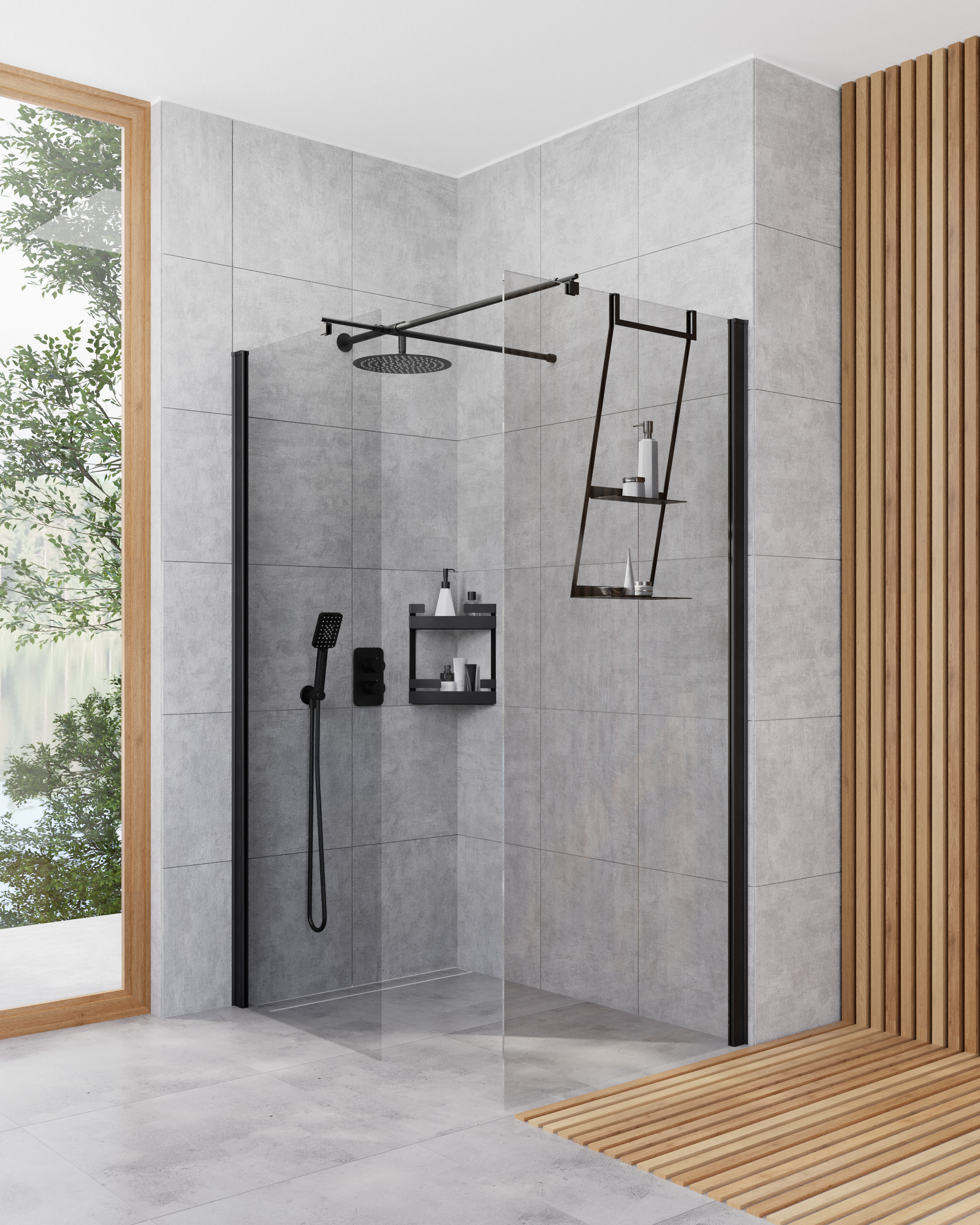 Zestaw Deante Kerria Plus Walk-In ścianki prysznicowe 100 cm i 80 cm wolnostojące czarny/szkło przezroczyste (KTSN30P, KTSN38P)
