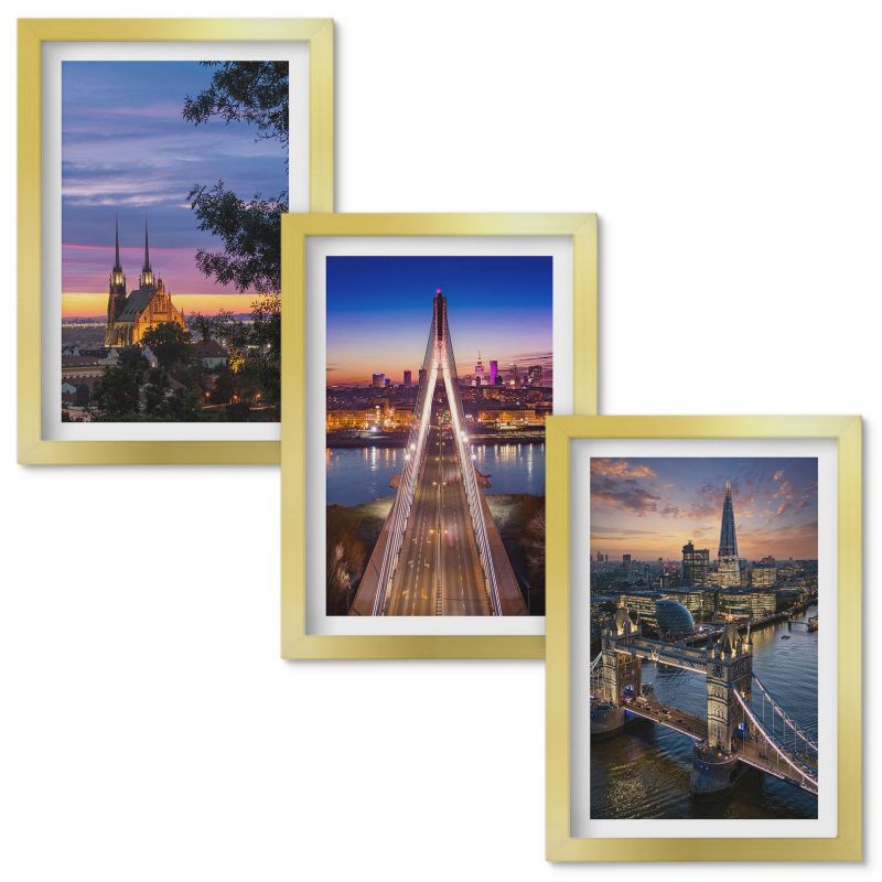 Obraz Ścienny Zestaw Wallfluent Widoki mostów i zachody słońca Złota rama 20x30cm 3 szt.