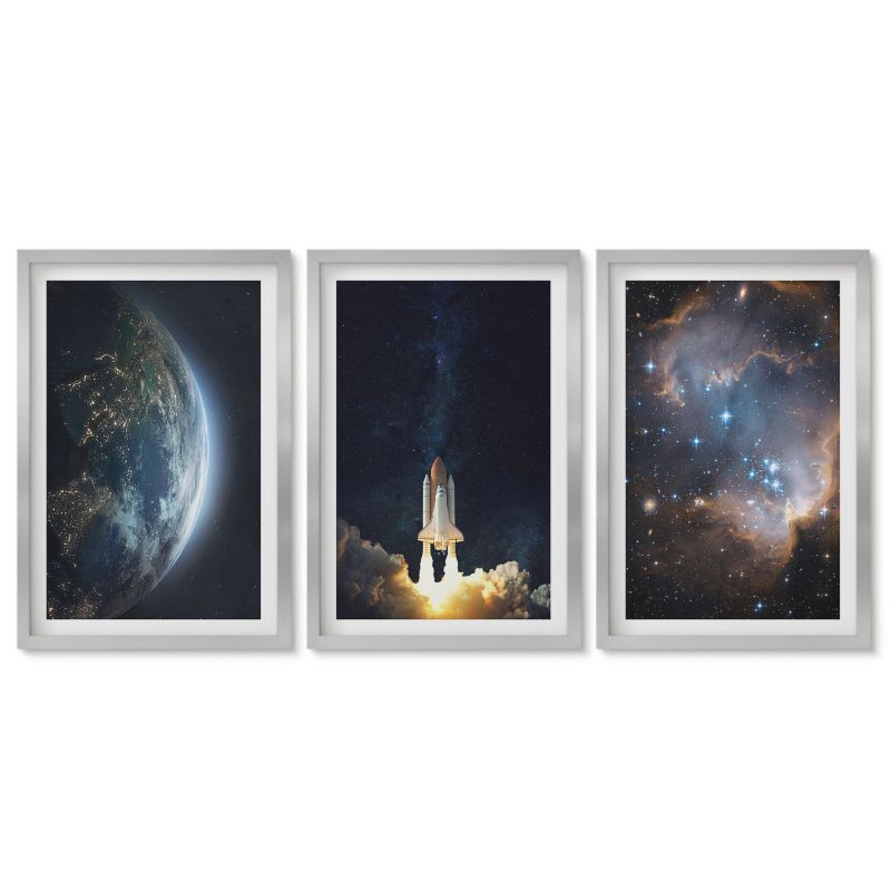 Obrazy w srebrnej ramie Tulup 40x60 cm Kosmos Ziemia rakieta galaktyka Obrazy nad biurko zestaw srebrna rama 1 kpl