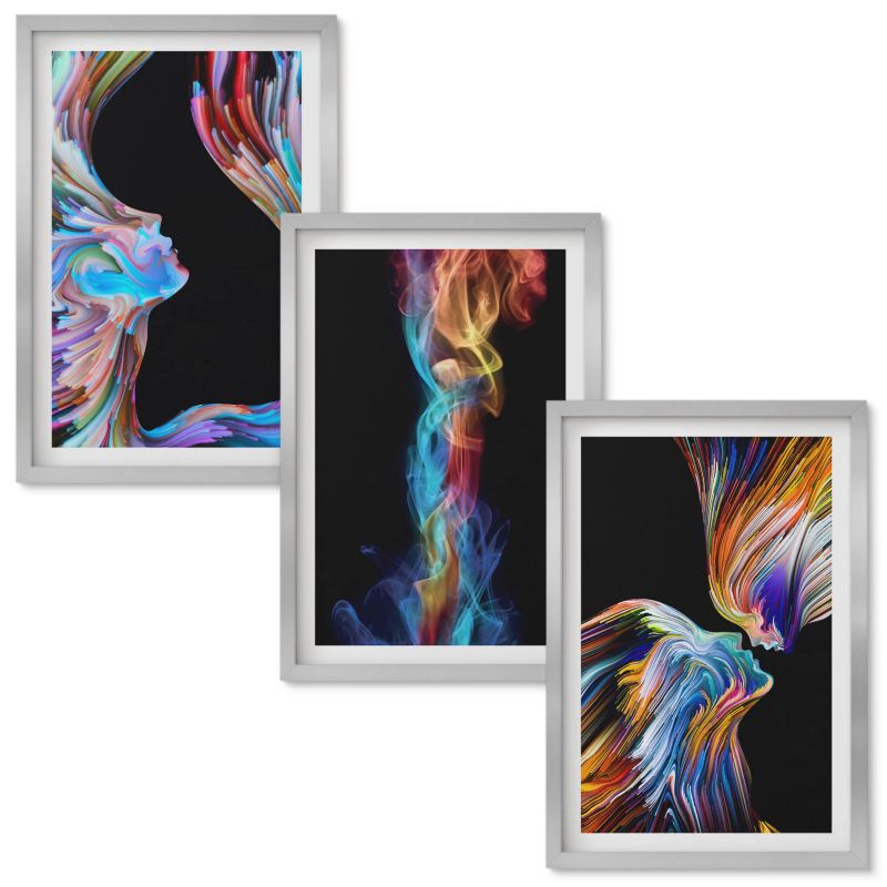Set Obrazów w Ramie Wallfluent Kolorowe twarze abstrakcje Srebrna rama 40x60 cm 3 szt.