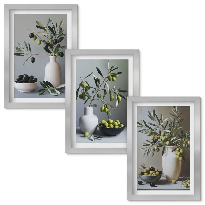 Set Obrazów w Ramie Wallfluent Oliwki w wazonach stonowane Srebrna rama 20x30cm 3 szt.