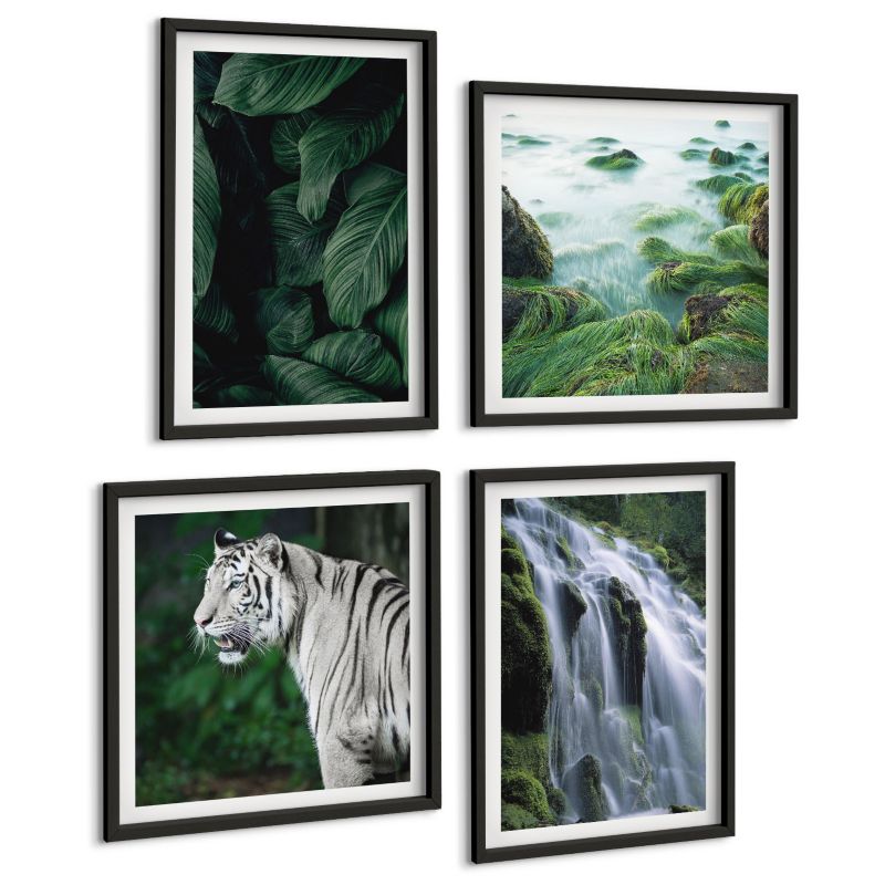 Czteroczęściowy Zestaw Obrazów ArtPrintCave (2x50x50+2x40x60cm) Czarna rama Tygrys biały wodospad liście 1 kpl.