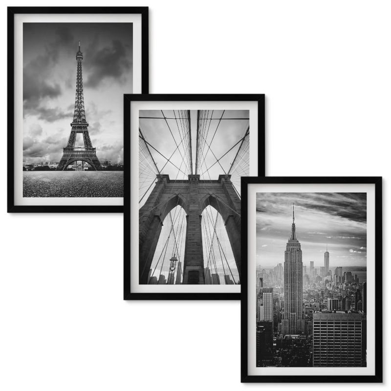 Zestaw obrazów Wallfluent Wieże mosty monochromatyczne Czarna rama 40x60 cm 3 szt.