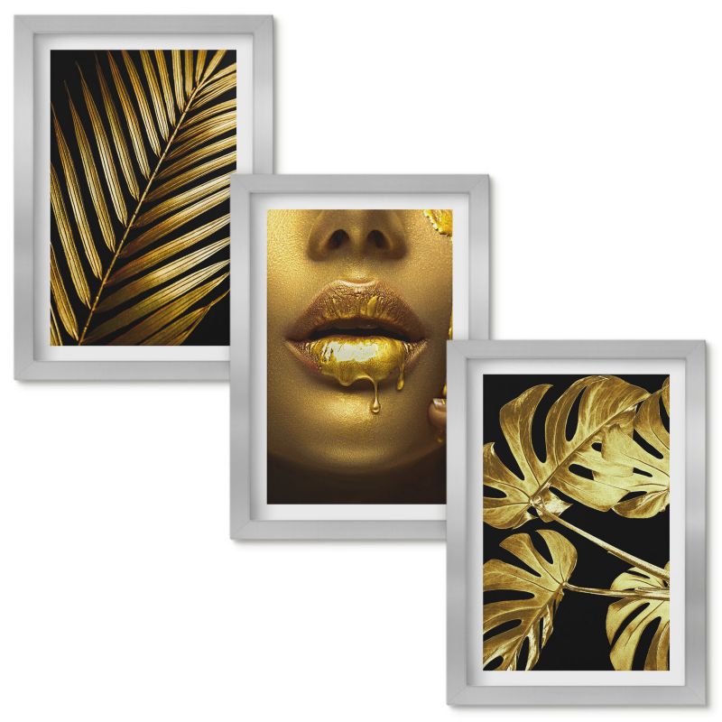 Zestaw obrazów Wallfluent Palma monstera usta kobiety Srebrna rama 20x30cm 3 szt.