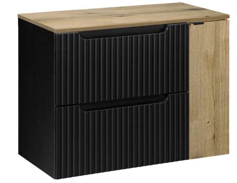 Szafka pod Umywalkę łazienkowa Furnidea 80 cm Wisząca z Blatem Dąb Nova Black Ryflowane Fronty 1 Drzwi 2 Szuflady 1 szt.