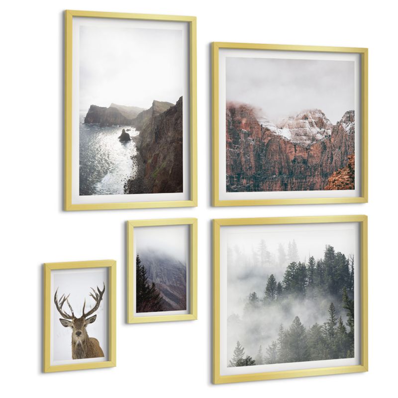 Komplet 5 Obrazów ArtPrintCave (2x50x50+2x20x30+40x60cm) Złota rama Krajobraz górski mgła jeleń 1 kpl.