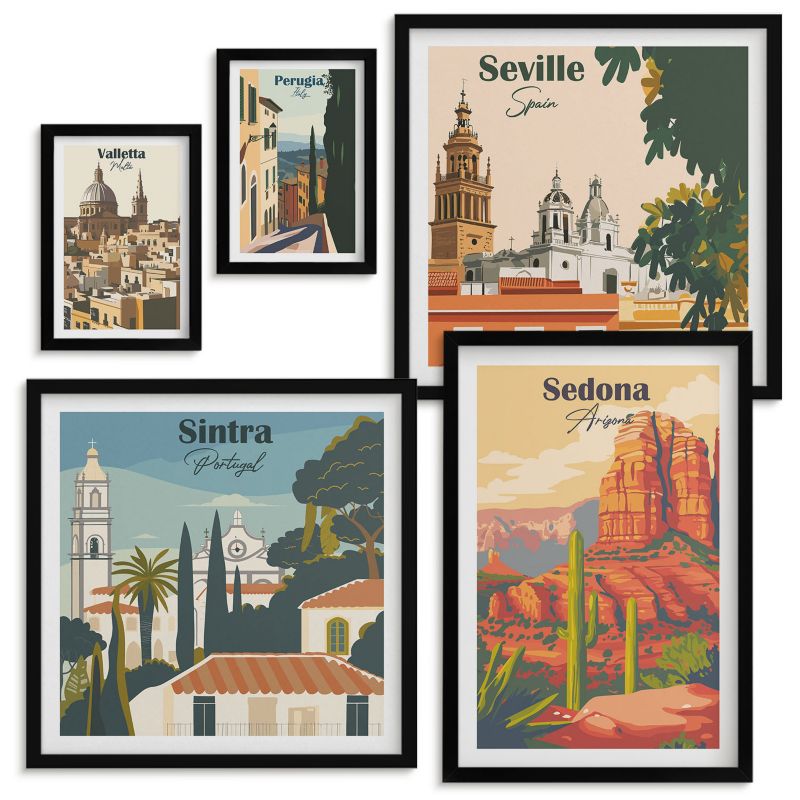 Kolekcja Obrazów w Ramie Wallfluent Nadmorskie miasta ilustracje Czarna rama 5 szt.
