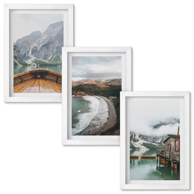 Set Obrazów w Ramie Wallfluent Góry jezioro łódź plaża pejzaż Biała rama 20x30cm 3 szt.